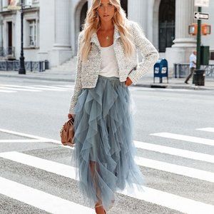 NEW - ALLEGRO RUFFLE TULLE MIDI SKIRT - GREY BLUE